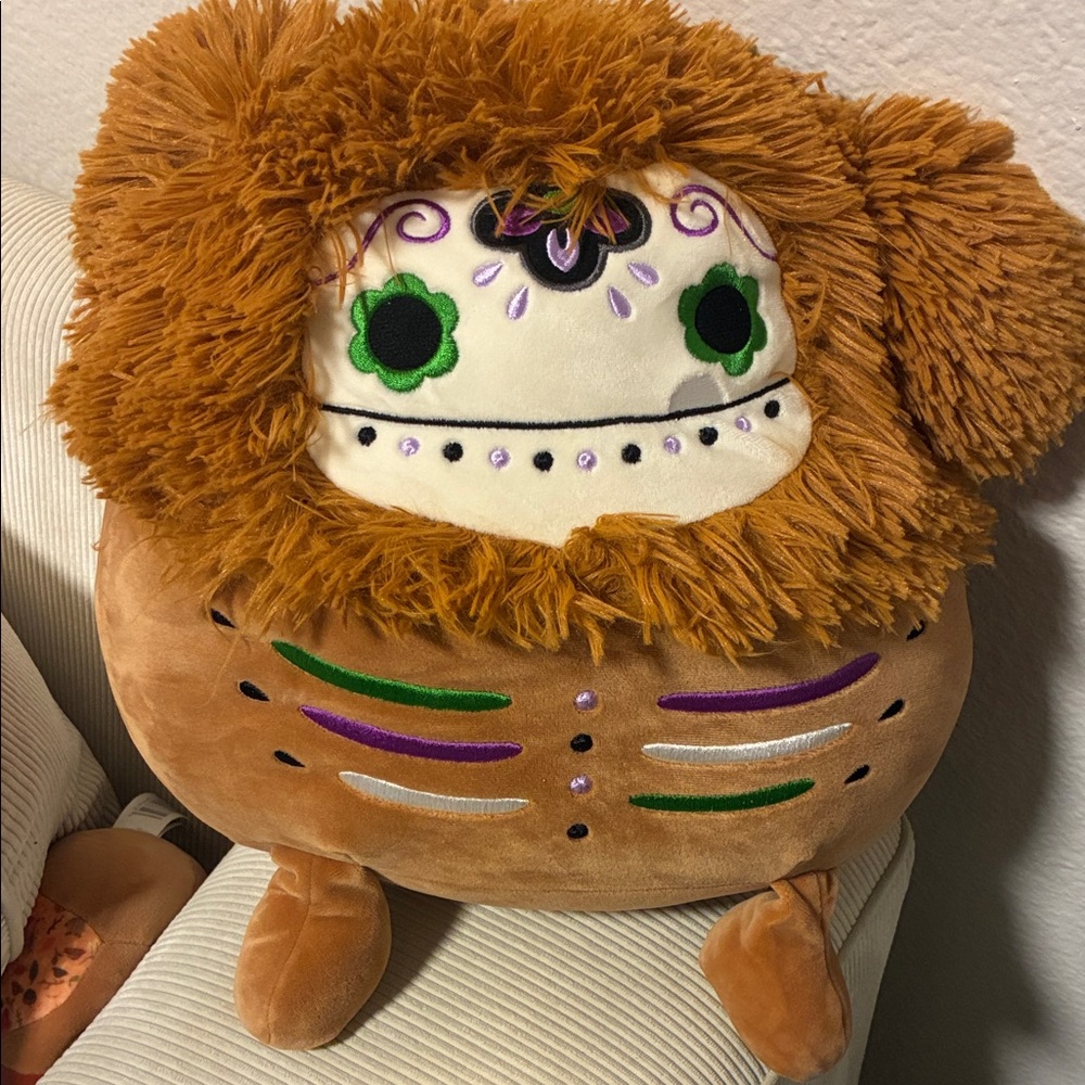Plush Brown Lion Accent Pillow with Embroidered Colorful Details